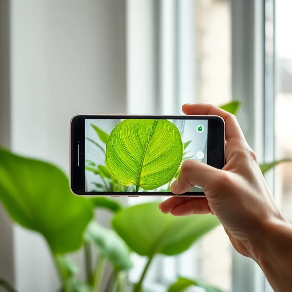 Hand holding smartphone scanning plant leaf with AI plant identifier app