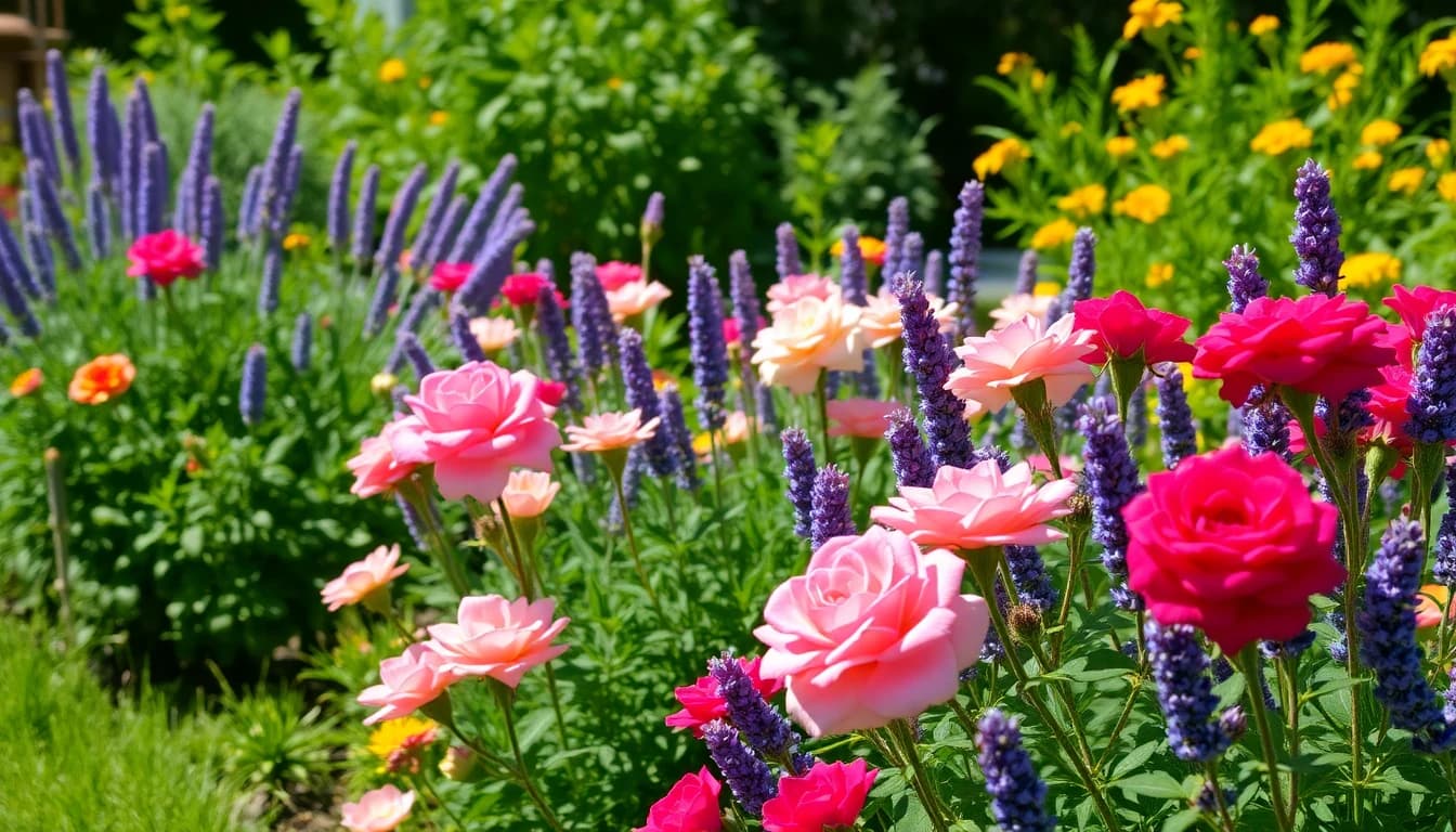 Beautiful outdoor garden with colorful flowers and greenery