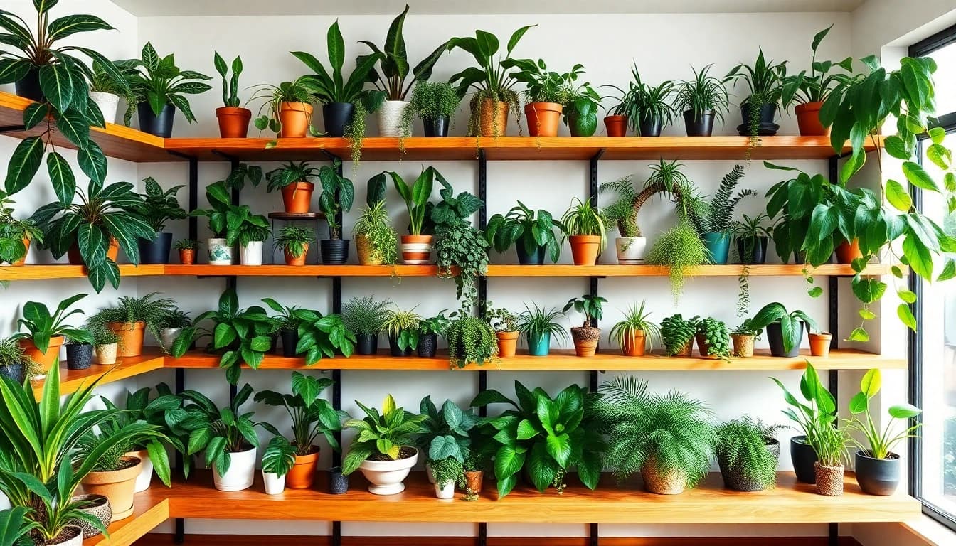 Beautiful collection of indoor houseplants including monstera, snake plant, and pothos on wooden shelves demonstrating AI plant identification