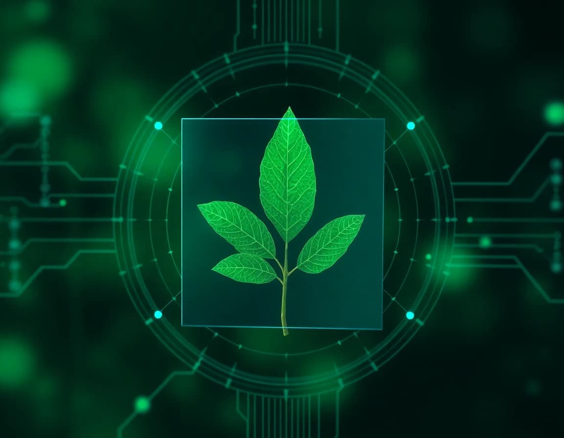 AI neural network analyzing plant image with pattern recognition